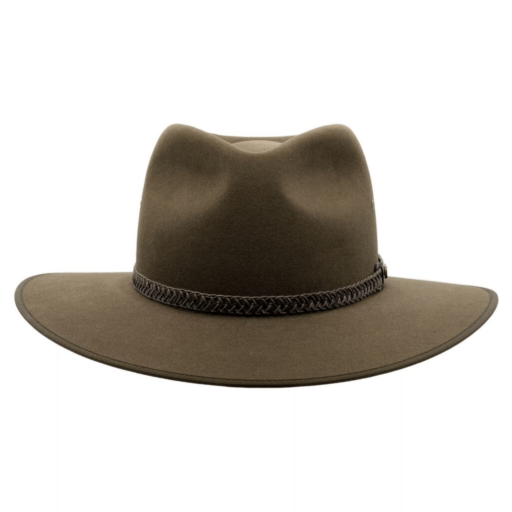 Front on view of Akubra Tablelands hat  in Brown Olive colour