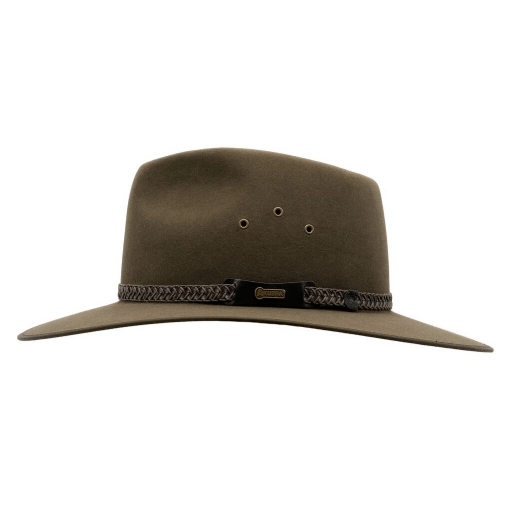 Side view image of Akubra Tablelands hat in brown olive colour showing hat band detail
