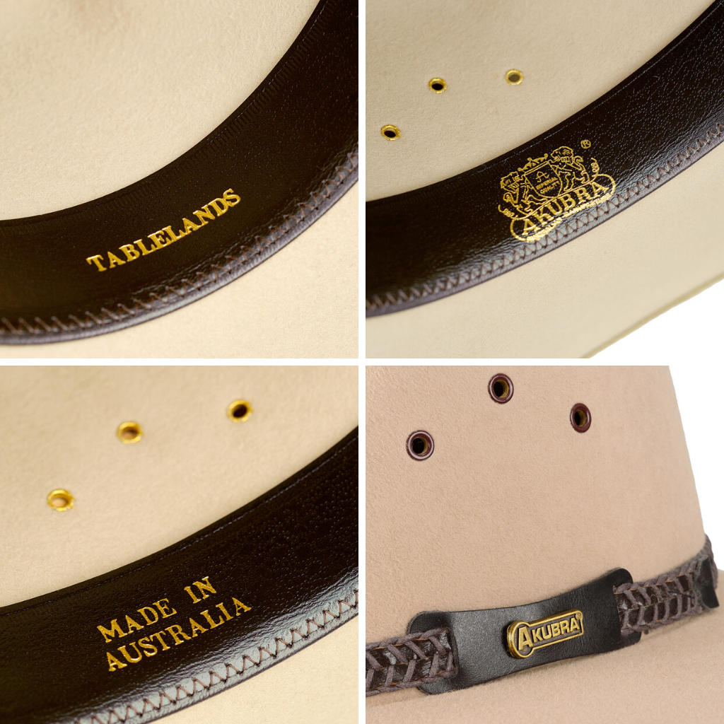 Compilation of images of interior of Akubra Tablelands hat in sand colour